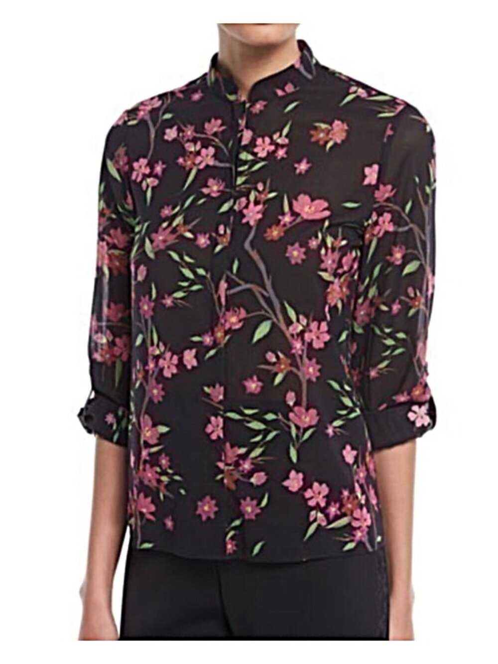 Alice + Olivia Eloise Floral Silk Blend Blouse Black Pink Mandarin Collar XS